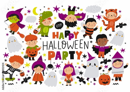 Fototapeta Naklejka Na Ścianę i Meble -  Happy Halloween cards. Cute Cartoon childrens in in carnival costume for halloween party. Vector illustration with Halloween kids