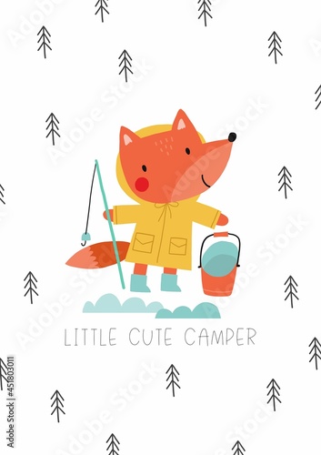 Cute hand drawn animals camper in scandinavian style. A big adventure with animals cartoon character fox - vector print