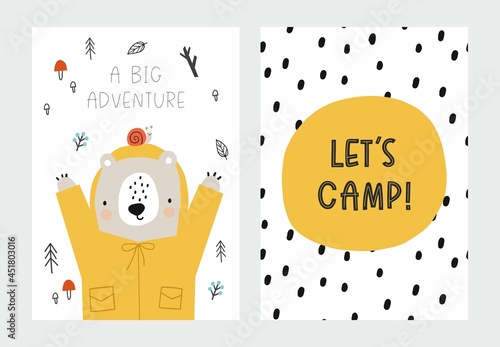Cute hand drawn animals camper in scandinavian style. A big adventure with animals cartoon character Bear - vector print