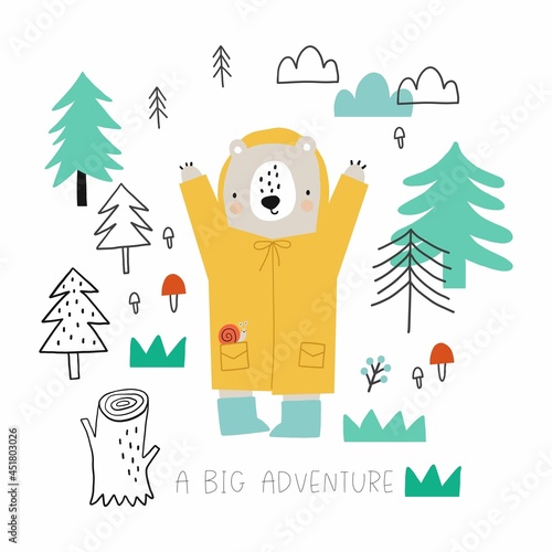Cute hand drawn animals camper in scandinavian style. A big adventure with animals cartoon character Bear - vector print