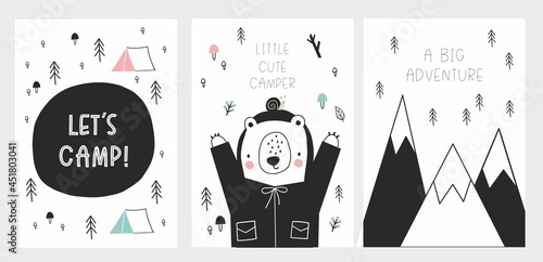 Cute hand drawn animals camper in scandinavian style. A big adventure with animals cartoon character Bear - vector print