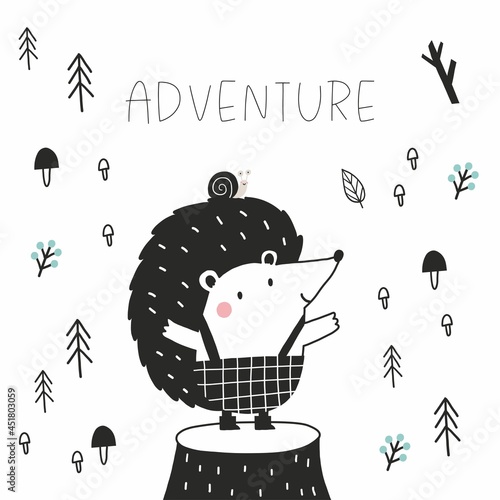 Cute hand drawn animals camper in scandinavian style. A big adventure with animals cartoon character hedgehog - vector print
