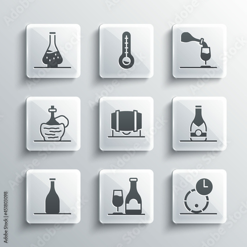 Set Wine bottle with glass, Wooden barrel for wine, Champagne, Bottle of, italian fiasco, Decanter and tasting, degustation icon. Vector