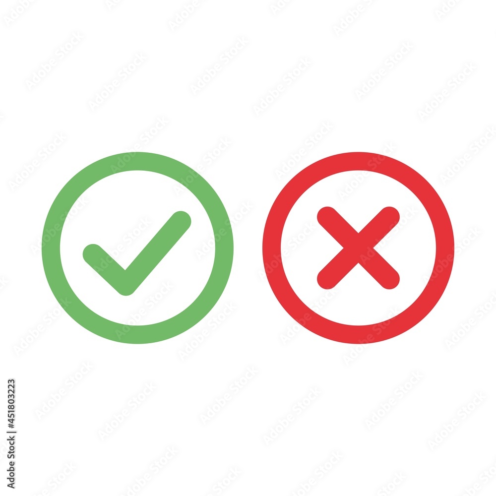 Green circle with check mark and red circle with cross sign. Approved and rejected symbol. Green circle with check mark and red circle with cross sign. Approved and rejected symbol.
