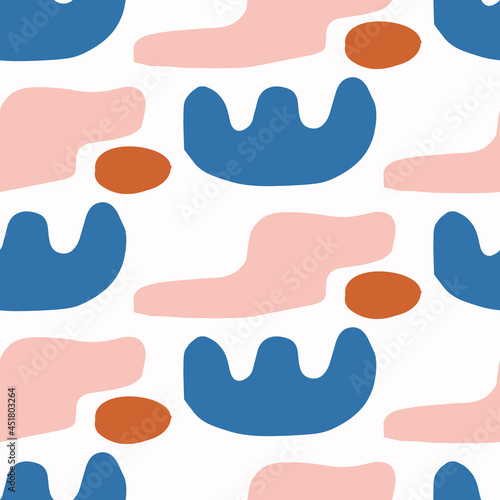 Abstract playful matisse style cut out shape pattern. Seamless modern simple collage style design for retro kids all over print. Trendy geometric home decor, kid fashion, wallpaper in vector repeat.