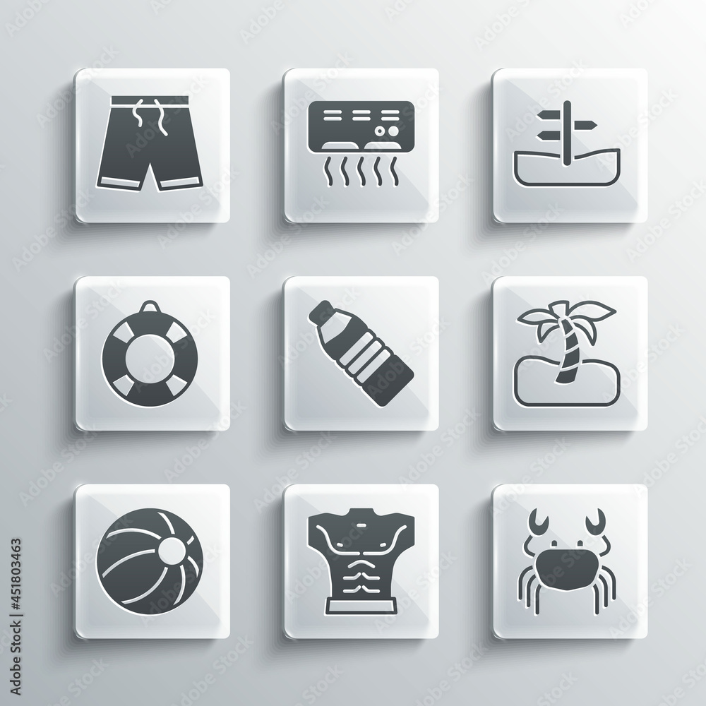 Set Bodybuilder muscle, Crab, Tropical palm tree, Bottle of water, Beach ball, Lifebuoy, Swimming trunks and Road traffic sign icon. Vector Set Bodybuilder muscle, Crab, Tropical palm tree, Bottle of water, Beach ball, Lifebuoy, Swimming trunks and Road traffic sign icon. Vector