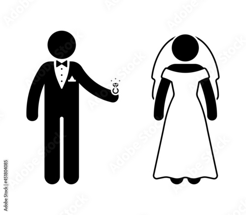 Stick figure groom, fiance and bride at wedding ceremony vector icon illustration. Newlyweds with diamond ring silhouette pictogram on white background