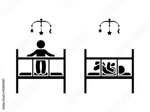 Stick figure newborn kid in baby bed, cot, crib, cradle vector icon illustration set. Stickman boy infant child standing, lying down, playing with hanging carousel toy silhouette pictogram on white