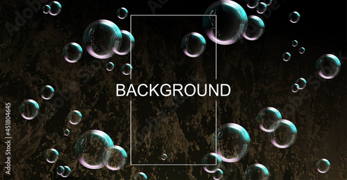 Black texture composition, multicolored soap bubbles of various diameters