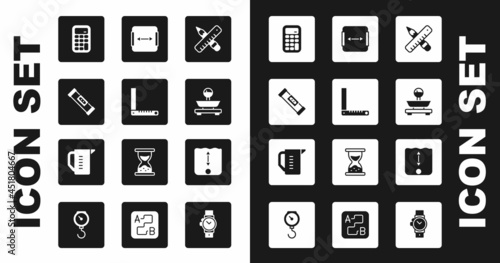 Set Crossed ruler and pencil, Corner, Construction bubble level, Calculator, Scales, Area measurement, Depth and Measuring cup icon. Vector