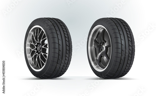 Car wheels set. New tires pile isolated on white. Wheel car. Car tire. Aluminum wheels isolated on white background. Group of 2 tires.