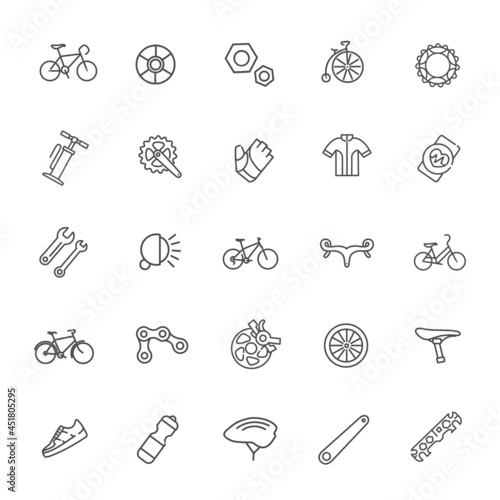 Bike tools and equipment part icon set. Bike and attributes