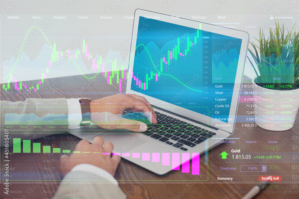 Stock exchange. Man using laptop at table and illustration of rating graph Stock exchange. Man using laptop at table and illustration of rating graph