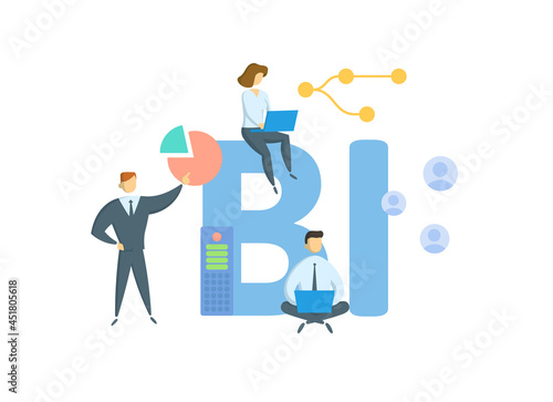 BI, Business Intelligence. Concept with keyword, people and icons. Flat vector illustration. Isolated on white.