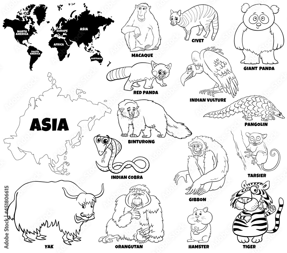 cartoon Asian animals set coloring book page