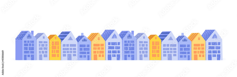 Concept of business in real estate, mortgage. Colored buildings for sale or rent with a price tag. Blue and orange houses in flat style. Realtor Services. Investing in housing.