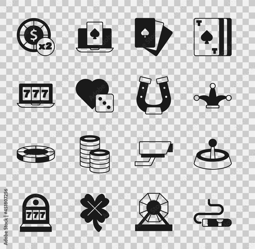 Set Cigar, Casino roulette wheel, Joker playing card, Deck of cards, Game dice, Online slot machine with jackpot, chips and Horseshoe icon. Vector Set Cigar, Casino roulette wheel, Joker playing card, Deck of cards, Game dice, Online slot machine with jackpot, chips and Horseshoe icon. Vector