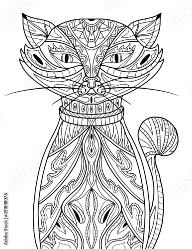 Complex coloring page with a cat for adults and children.  Detailed pattern.  Meditation and relaxation