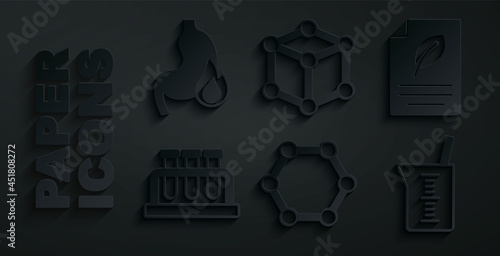 Set Molecule, Eco paper with leaf, Test tube and flask, Laboratory glassware or beaker, and Stomach heartburn icon. Vector