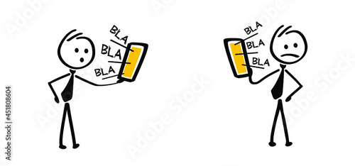Drawing cartoon business manager tickman has a boring, annoying and long phone call, it says bla, bla, bla. Funny comic stick figures man withe mobile phone, talking. Vector Says bullshit or nonsense.