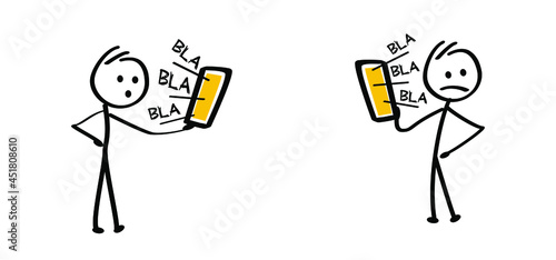Bla bla bla, drawing cartoon Stickman has a boring,  long phone call, it says blah, blah, blah. Funny comic stick figures man withe mobile phone, talking. Vector comic  sign. Says bullshit or nonsense
