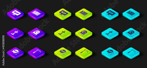 Set Speech bubble rip death, Scythe, Grave with cross, Muslim cemetery, Holy bible book and icon. Vector