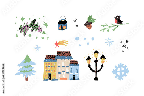 Christmas magic, wintertime outdoors set. House in snow, aurora borealis, falling star, lanterns, snowflakes, snowbird.