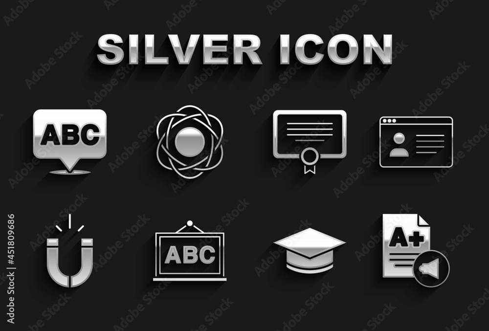 Set Chalkboard, Online class, Exam sheet with A plus grade, Graduation cap, Magnet, Certificate template, Alphabet and Atom icon. Vector Set Chalkboard, Online class, Exam sheet with A plus grade, Graduation cap, Magnet, Certificate template, Alphabet and Atom icon. Vector