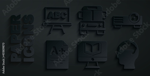 Set Online class, Movie, film, media projector, Exam sheet with A plus grade, Human brain, School Bus and Chalkboard icon. Vector