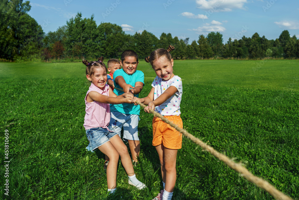 Fototapeta premium group of small happy preschool children play tug of war in the park on a sunny summer day. Outdoor games in the fresh air. A fun childhood. A strong friendship. Children Protection Day.