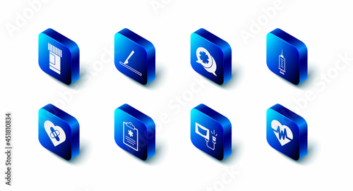 Set Medical surgery scalpel, Dialogue with the doctor, Syringe, Heart rate, Ultrasound, Clinical record, Healed broken heart and Medicine bottle and pills icon. Vector