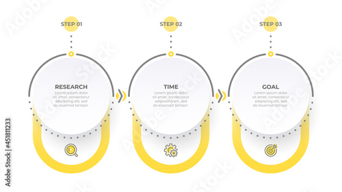 Vector infographic timeline design with circles and marketing icons. Business concept with 3 options or steps. Can be used for workflow diagram, info chart, annual report, web design.