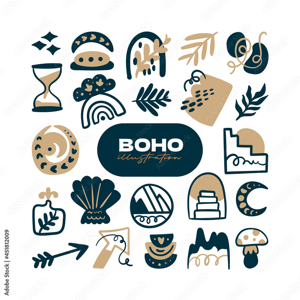 Abstract boho vector shapes. Doodle icon for fashion design, summer season or natural concept. Modern hand drawn illustration.