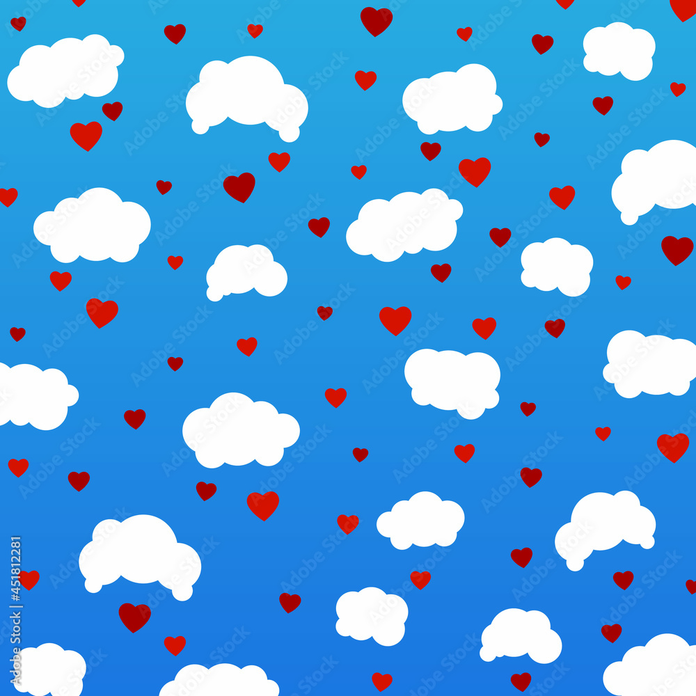 Rain drops of red hearts  on blue background vector illustration. Vector clouds.
