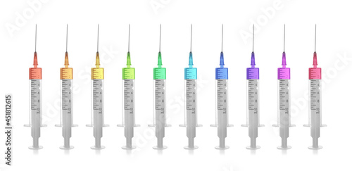 Disposable syringes with needle and multicolored medicine on white background, collage. Banner design