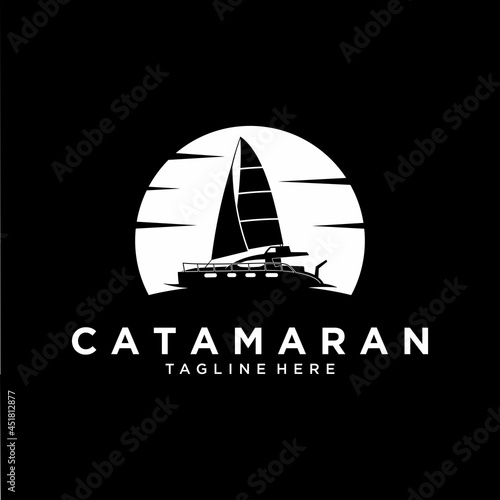 Print op canvas Catamaran, Yacht and Boat Symbol Logo Template on sunset background