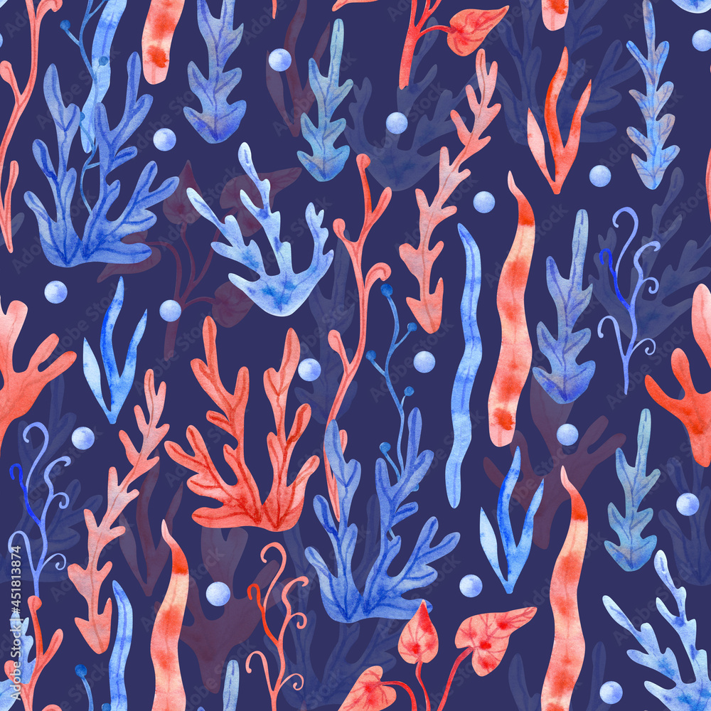 Watercolor seamless pattern with seaweeds and pearls on navy blue background. Underwater plant hand painted illustration. Red and blue colors. Watercolor seamless pattern with seaweeds and pearls on navy blue background. Underwater plant hand painted illustration. Red and blue colors.