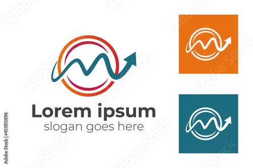 circle shape letter M with statistics arrow upper or growth icon for business start up logo template