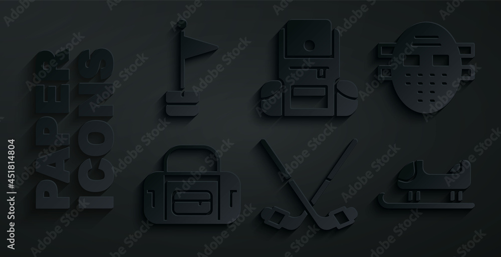 Set Ice hockey sticks, Hockey mask, Sport bag, Sled, Hiking backpack and Location marker icon. Vector Set Ice hockey sticks, Hockey mask, Sport bag, Sled, Hiking backpack and Location marker icon. Vector
