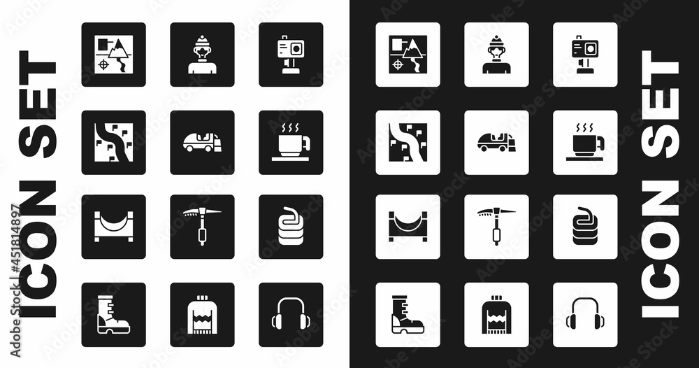 Set Action camera, Ice resurfacer, Route location, Folded map, Hot chocolate cup, Winter athlete, Stone for curling and Skate park icon. Vector Set Action camera, Ice resurfacer, Route location, Folded map, Hot chocolate cup, Winter athlete, Stone for curling and Skate park icon. Vector