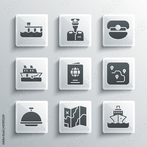 Set Folded map, Cruise ship, Route location, Passport, Covered with tray, Beach pier dock and Captain hat icon. Vector