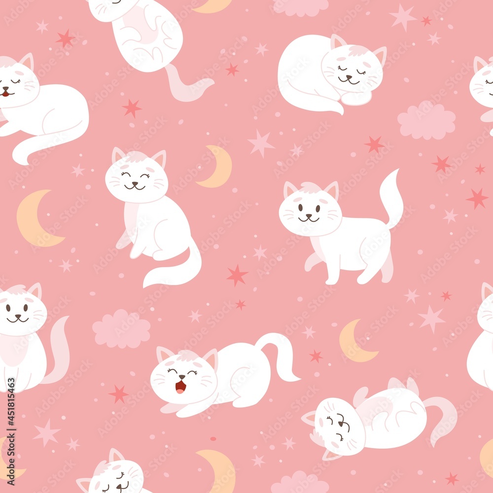 Cats pattern with moon, stars and clouds. Cute white cat character in cartoon style, vector illustration Cats pattern with moon, stars and clouds. Cute white cat character in cartoon style, vector illustration