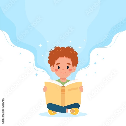 Boy reading a book. Cute vector illustration concept in cartoon style