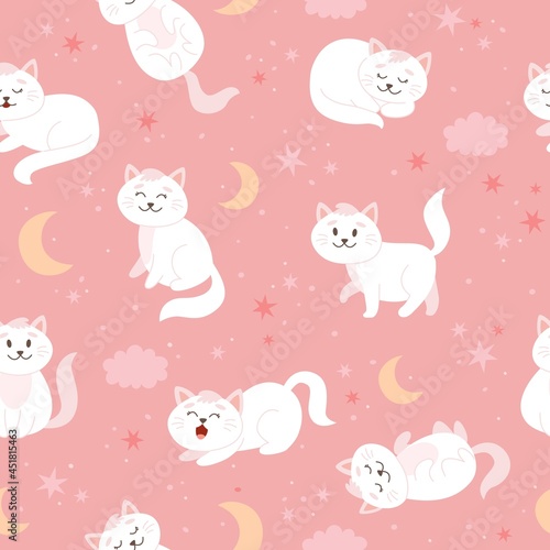Cats pattern with moon, stars and clouds. Cute white cat character in cartoon style, vector illustration