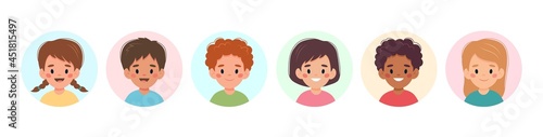 Children set, little boys and girls portraits of different nationalities in circular frames. Vector illustration in cartoon style