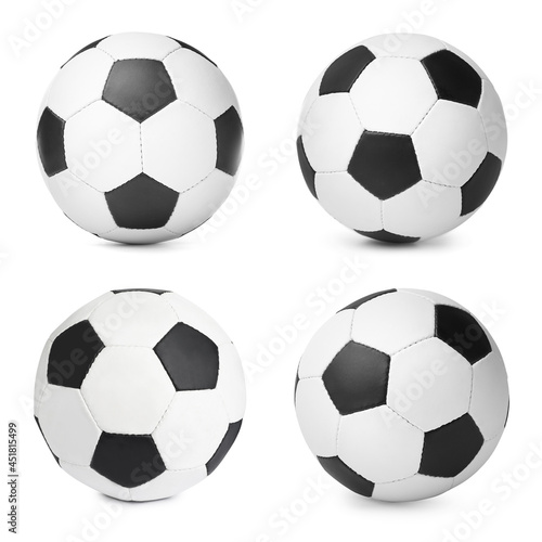 Set with soccer balls on white background. Football equipment