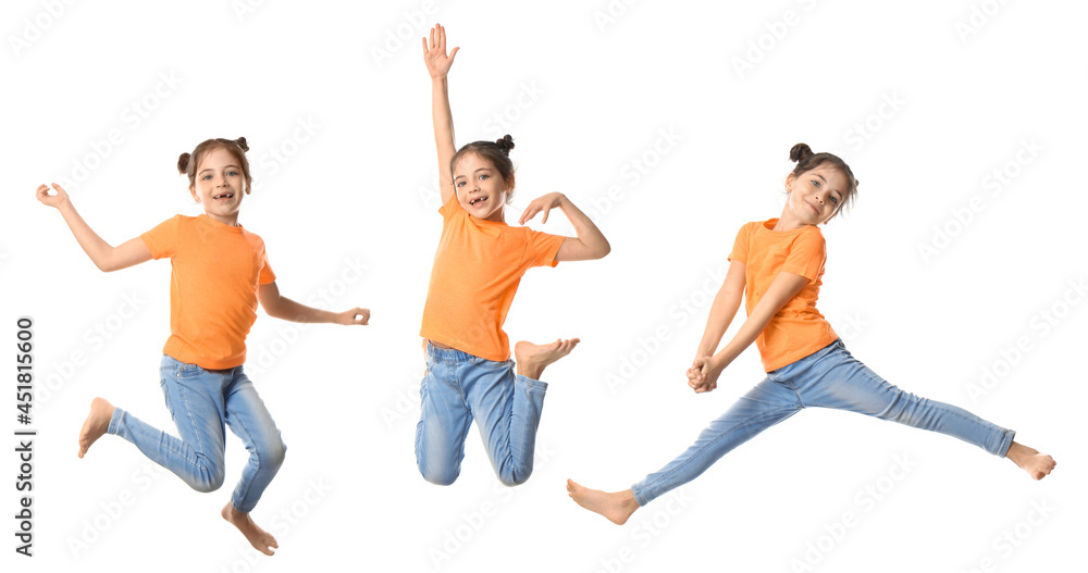 Cute little girl jumping on white background, collage. Banner design Cute little girl jumping on white background, collage. Banner design