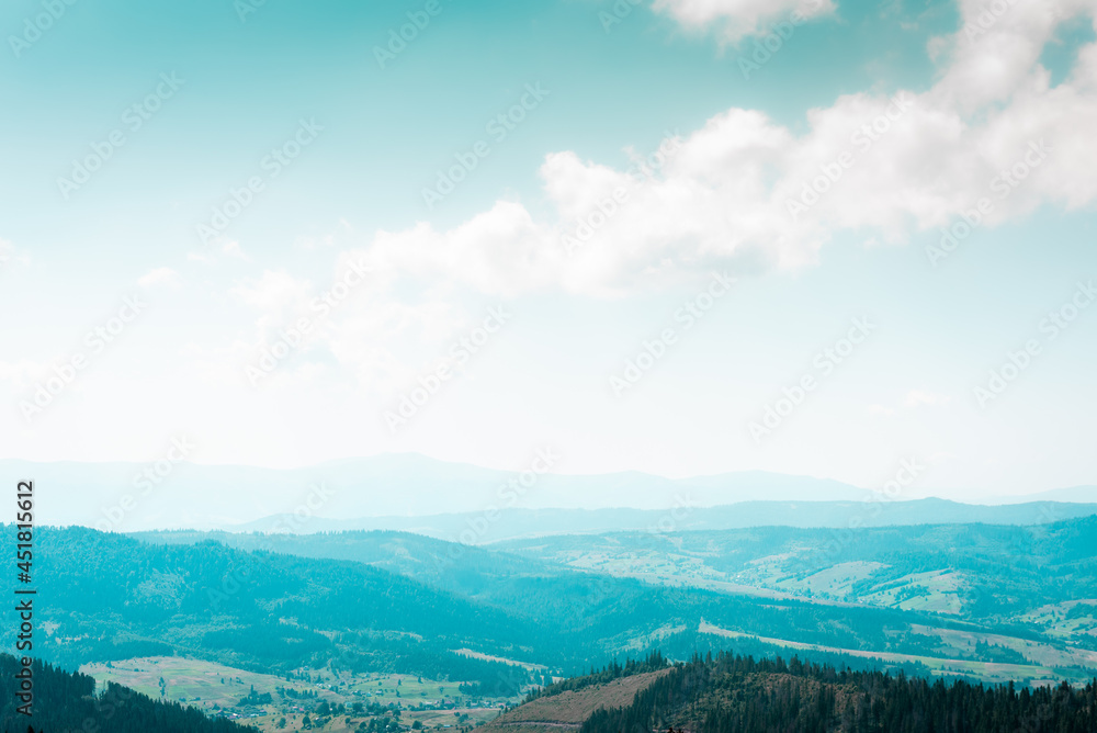 Fascinating panorama of sunset and landscape in the mountains on the hill, Ukrainian Carpathians mountains. Colored and their mountain landscapes. Nature concept