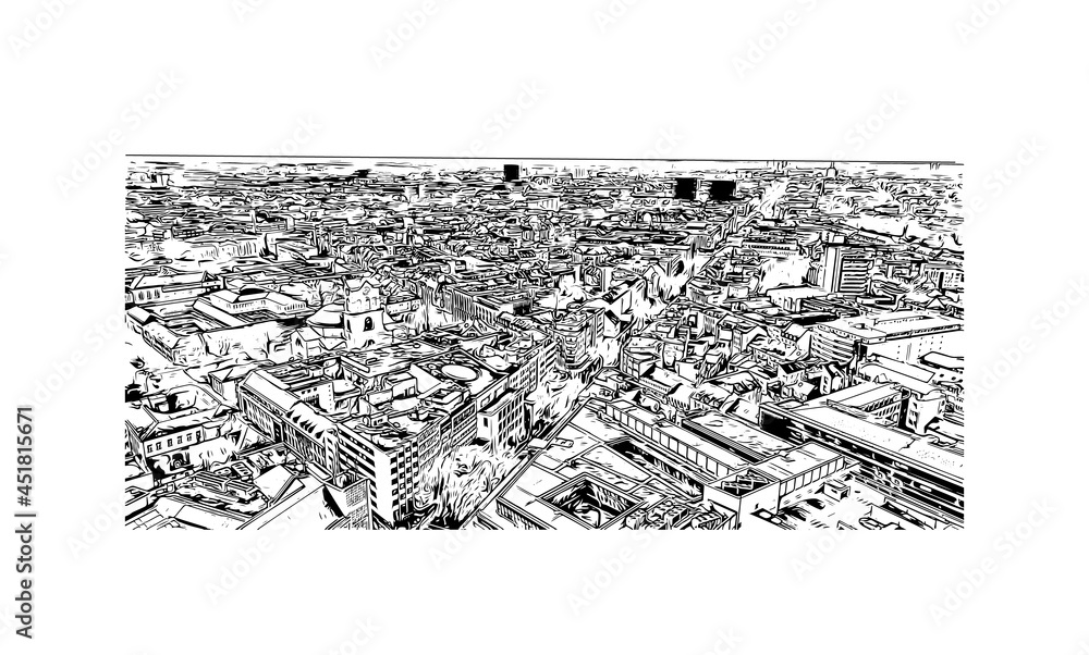 Fototapeta premium Building view with landmark of Karlsruhe is the city in Germany. Hand drawn sketch illustration in vector.