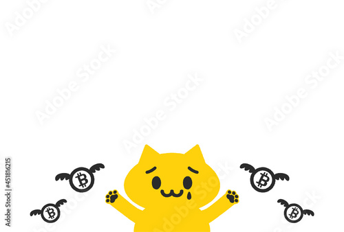 泣いている猫と飛んでいくビットコインのロゴ入りコイン：仮想通貨の損失・下落のイメージ素材
